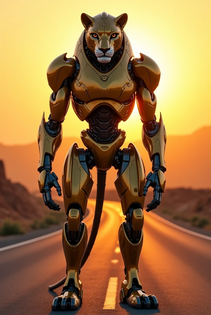 Robot and lion combination stand up sun set high way whith golden and dark metal suit