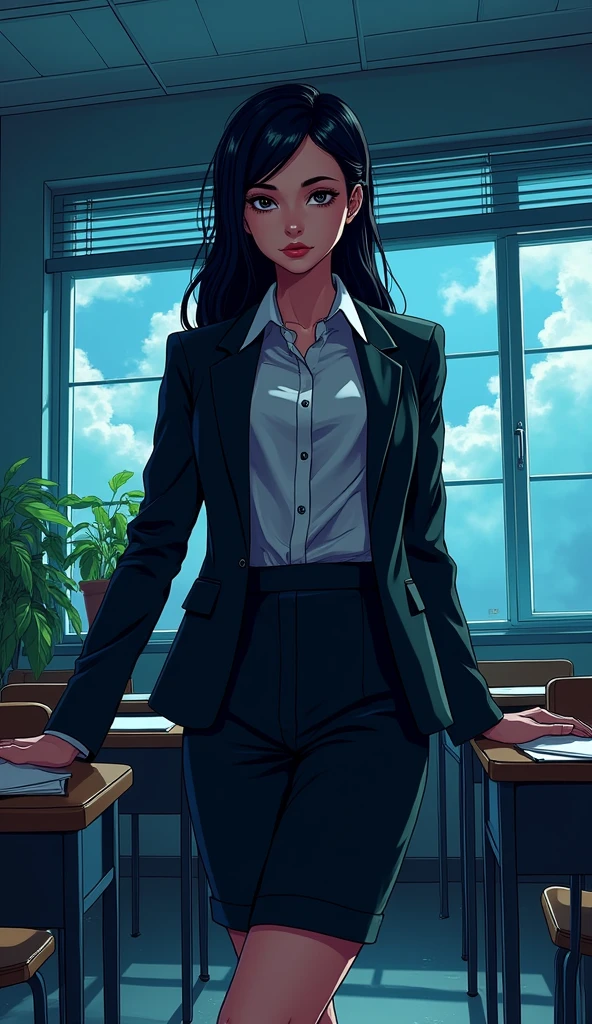 female teacher, classroom, 夜のclassroom, Cel Shading, Bold outline, Flat Color, Sharp Shadow, Graphic Style, (Manga influence:1.3), Beautiful line drawing, Impressive visuals,comics