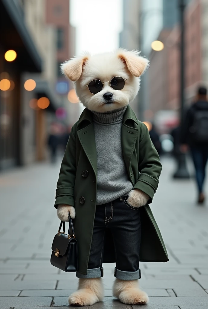 An ultra-realistic image of a Bichon Frise puppy standing on an urban sidewalk. The puppy is dressed in fashionable, human-style clothing: a dark green trench coat over a soft, high-neck gray sweater, with rolled-up black denim jeans. The puppy is also wearing round, silver-framed sunglasses and holding a sleek, black leather handbag. The background features a modern cityscape with tall buildings, streetlights, and blurred figures walking in the distance. The overall scene is set in soft daylight, capturing the stylish and sophisticated vibe of a high-fashion street style.
