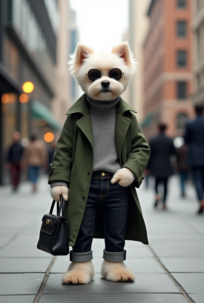 An ultra-realistic image of a Bichon Frise puppy standing on an urban sidewalk. The puppy is dressed in fashionable, human-style clothing: a dark green trench coat over a soft, high-neck gray sweater, with rolled-up black denim jeans. The puppy is also wearing round, silver-framed sunglasses and holding a sleek, black leather handbag. The background features a modern cityscape with tall buildings, streetlights, and blurred figures walking in the distance. The overall scene is set in soft daylight, capturing the stylish and sophisticated vibe of a high-fashion street style.