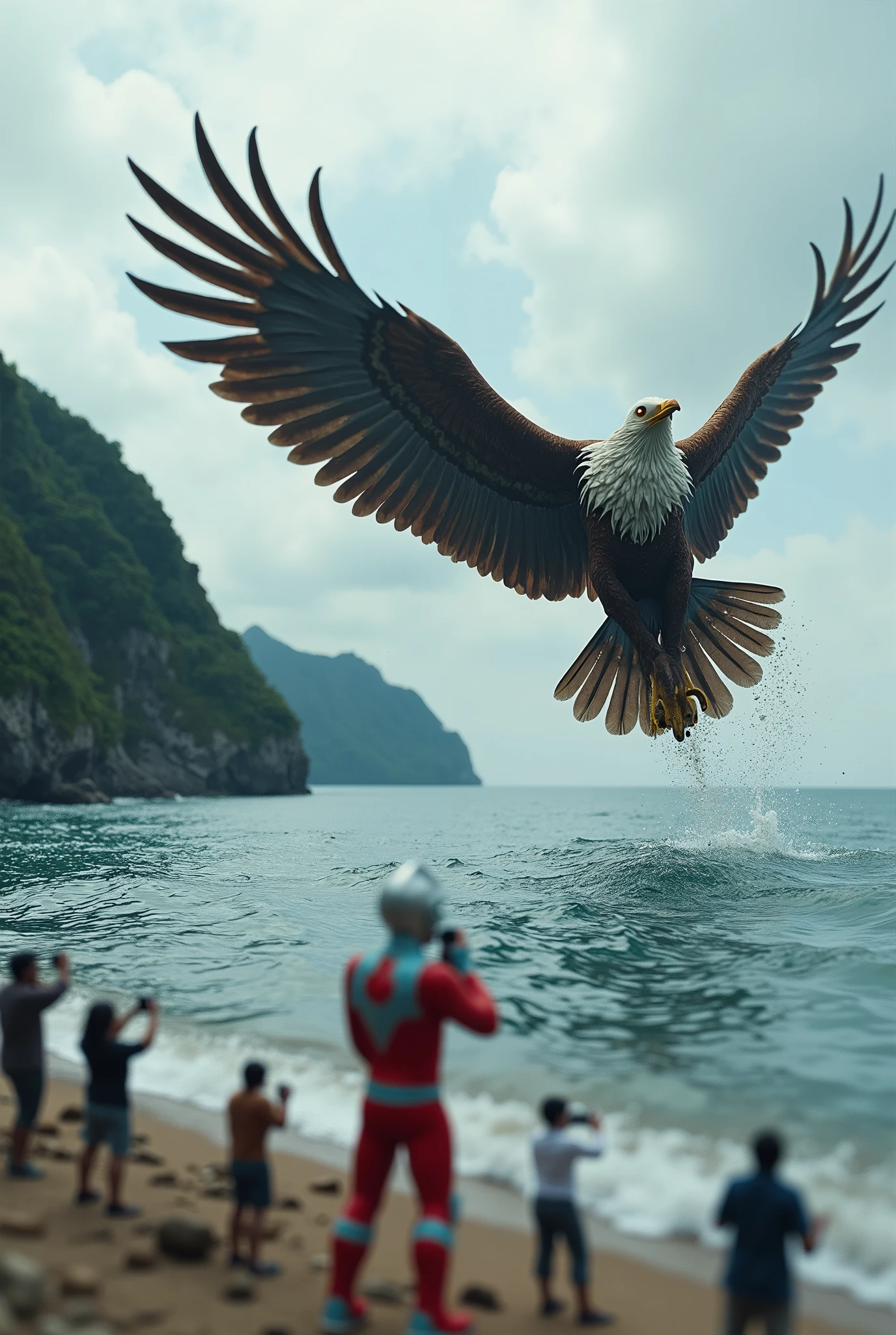 Ultraman fight with big giant eagle. On the water. At the island back view. Tilt shift photography. All mini human snap picture.