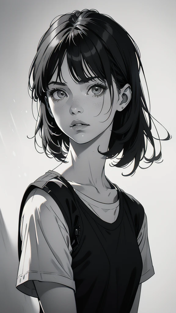 1 boyish girl, solo, sharp eyes, monochrome, greyscale, short black hair, portrait, white T-shirt, closed mouth, looking at viewer, graphite \(medium\), detailed lips, hatching \(texture\), without makeup, bangs, upper body, (best illustration), (best quality), (very detailed), (masterpiece), expressionless,