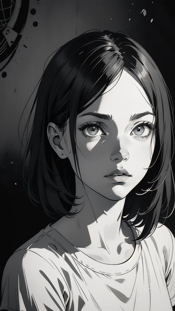 1 boyish girl, solo, sharp eyes, monochrome, greyscale, short black hair, portrait, white T-shirt, closed mouth, looking at viewer, graphite \(medium\), detailed lips, hatching \(texture\), without makeup, bangs, upper body, (best illustration), (best quality), (very detailed), (masterpiece), expressionless,