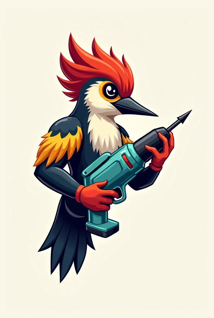 A colorful logo style woodpecker with a drill in his hands 