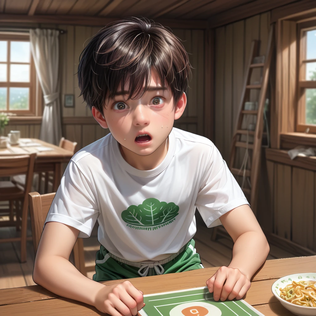 score_9, score_8_superior, score_7_superior, score_6_superior, score_5_superior, score_4_superior, super realistic,Alone, (shocked alone, shota boy, age 15, (detailed eyes, detailed face, wearing a white t-shirt and green shorts) , at the dining table, in house