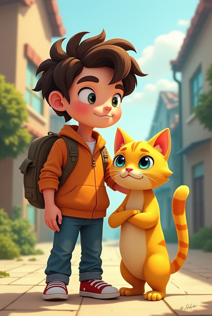 2D cartoon design of Alex and his yellow cat with real shape and human body and no cubes in minecraft