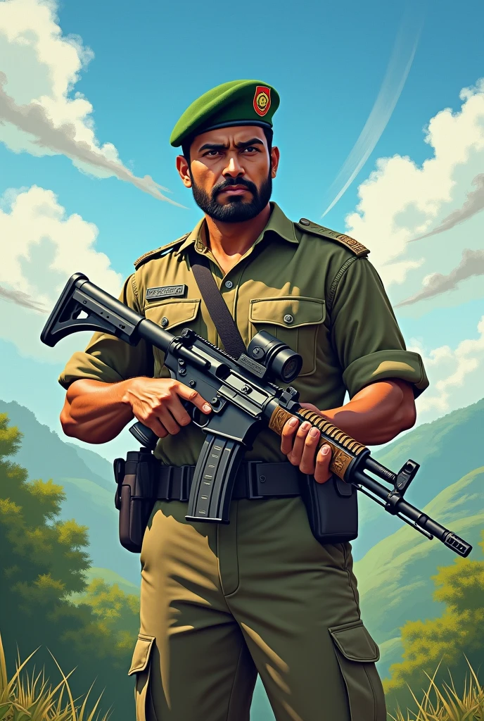 Soldier with gun in hand, arte da camiseta, 2D, ((fundo preto: 1, 5)), vetor, cores vivas, obra-prima, melhor qualidade, detalhes intrincados, perfect symmetrical face, detalhes realistas, gothic theme, luz de aro, luar, cinematic shading, Greg Rutkowisk