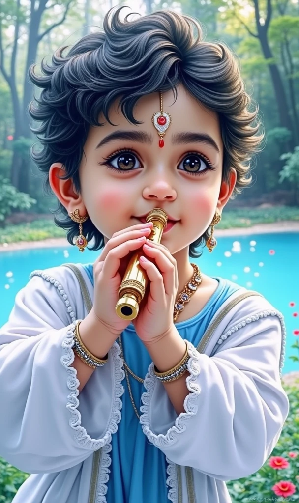 Create a lord krishna Playing flute in forest