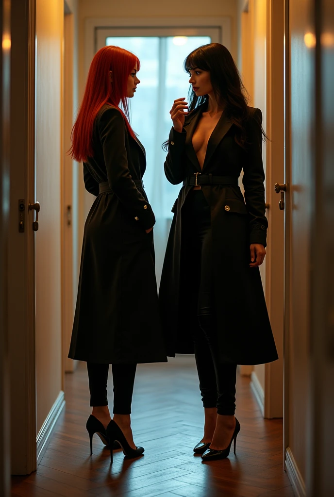 ultra realistic, photography, two women: one with long straight red hair, (30 years old, hourglass figure, perfect body), the other one: long black straight hair, (30 years old, hourglass figure, perfect fit body), Long eye lashes, seductive eyes, Award Winning Glamour Photograph extremely detailed award winning glamour photograph, front lit, HDR, they are dressed like a FBI Agents, under their trenchcoats their shirt is buttoned up, they have a badge on their trenchcoats, they are wearing elegant pants and high heels, they are at a homicide scene in an apartment, they are investigating the area, one of them is holding up a FBI Special Agent Identification