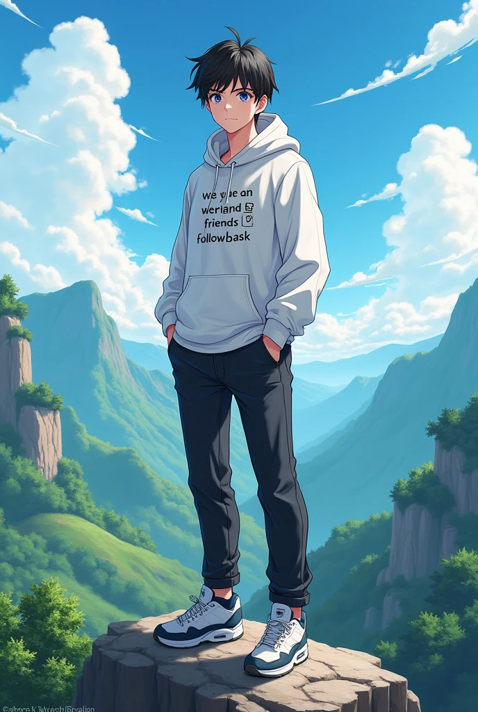 A young anime men standing on mountain at afternoon with fully nature.
Wearing a white hoody with black jeans and sneaker.
(WE CAN BE FRIENDS & FOLLOWBACK)written on shirt