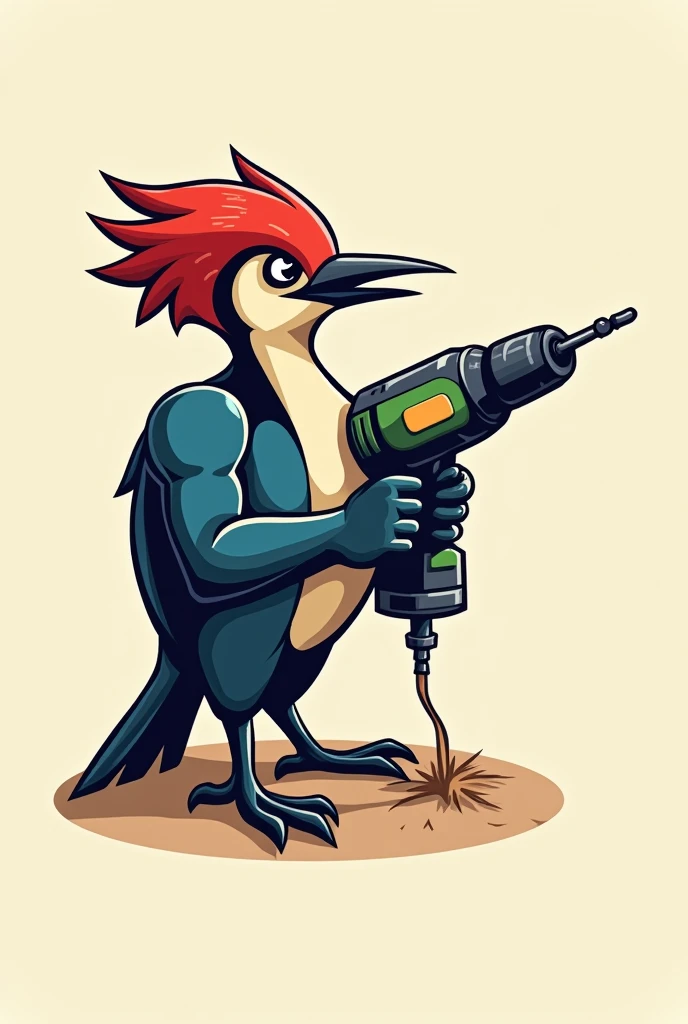 A colorful logo style woodpecker with a drill in his hands