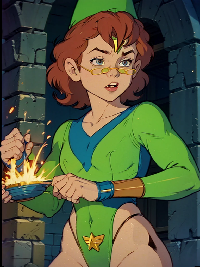a redhead cartoon character, wonder woman outfit, green leotard, very muscular, male wizard, 1980s cartoon, animated episode still, Presto (((mad))), ((Wears a wizard hat))