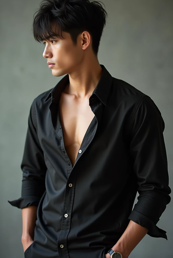 Toned body man, 2, black shirt, folded sleeves at elbows, unbuttoned top, black locks of hair, Korean - American mixes looking man, bad boy hair cut,