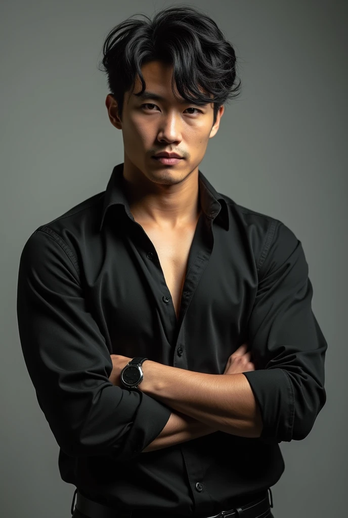 Toned body man, 2, black shirt, folded sleeves at elbows, unbuttoned top, black locks of hair, Korean - American mixes looking man, bad boy hair cut,