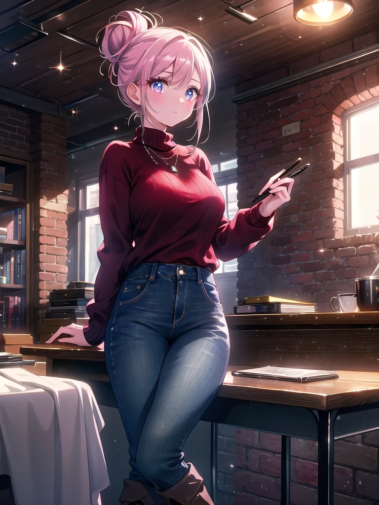 ((8k, Highest quality, masterpiece: 1.3)),Ultra-high resolution,(1 girl, alone), (Color changing eyes, Ultra-detailed, Expressive brilliance, Glitter, Glowing Eyes), Highly detailed eyes, Highly detailed face, Random Hair, ((pastel colour)) In a shared workspace, the woman is seated at a long table with her laptop, a notebook, a pen, and a cup of coffee. The space is open-plan with exposed brick walls, large industrial-style windows showing a bustling street, and modern light fixtures hanging from the ceiling. Around her, other professionals are engaged in their tasks. She’s dressed in a maroon sweater, tailored dark jeans, and ankle boots, with her hair in a neat bun. She glances at the camera with a confident, focused expression, suggesting she’s in the middle of brainstorming ideas.