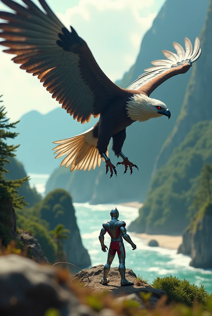 ultraman,giant eagle,water,island,tilt shift photography,miniature effect,detailed environment,dramatic lighting,epic battle,high quality,cinematic,hyper detailed,award winning photograph,stunning colors