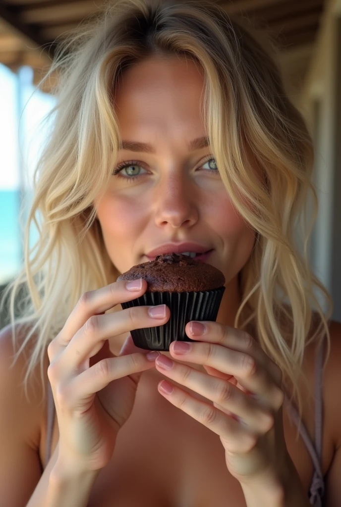 girl blonde, with hot body and angelic face eating chocolate muffin in France cote de azure