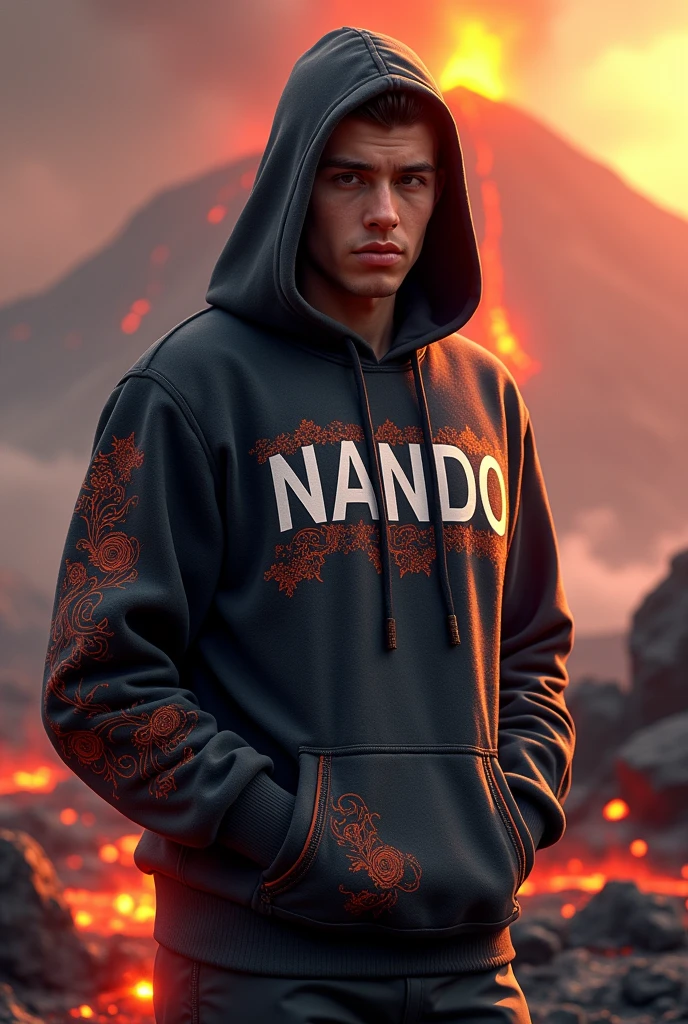 create a character hoodie,background: vulcano, background insert the HD text: “Nando”, HD, realistic, male, age 20, full body