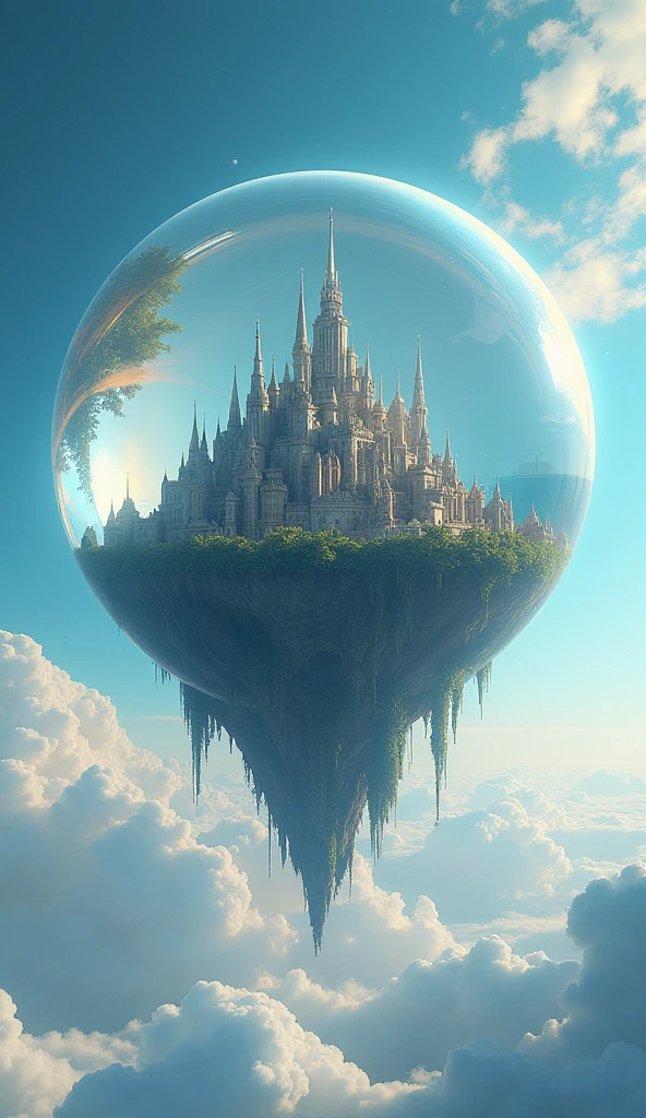 A huge crystal ball floats in the sky,There seems to be a small city running inside the sphere。Breaking the concept of time and space,Incorporates fantastic elements,Typical surreal scene。These scenes break the logic of reality,Bring strong visual impact and imagination space。visually stunning,( perfect anatomy )masterpiece, best quality, Ultra-high resolution, (Very detailed),