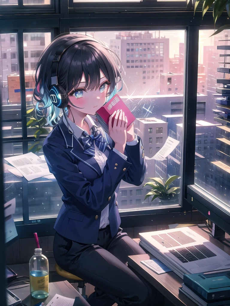 ((8k, Highest quality, masterpiece: 1.3)),Ultra-high resolution,(1 girl, alone), (Color changing eyes, Ultra-detailed, Expressive brilliance, Glitter, Glowing Eyes), Highly detailed eyes, Highly detailed face, Random Hair, ((pastel colour)) The woman is at her office cubicle, busy on a video call with colleagues. The cubicle is decorated with personal touches—family photos, a calendar, a small plant, and motivational quotes pinned to the partition. On her desk, there are papers, a headset, and a bottle of water. Through the cubicle’s low partition, you can see other employees working and an office window revealing a rainy cityscape. She’s dressed in a navy blue blazer over a white blouse and black slacks, with low-heeled shoes. Her hair is styled in loose waves, and she’s looking at the camera with a professional yet approachable expression.