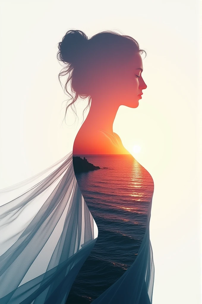 high quality, 8K Ultra HD, A beautiful double exposure that combines an goddess silhouette with sunset coast, sunset coast should serve as the underlying backdrop, with its details incorporated into the goddess , crisp lines, The background is monochrome, sharp focus, double exposure, by yukisakura, awesome full color,