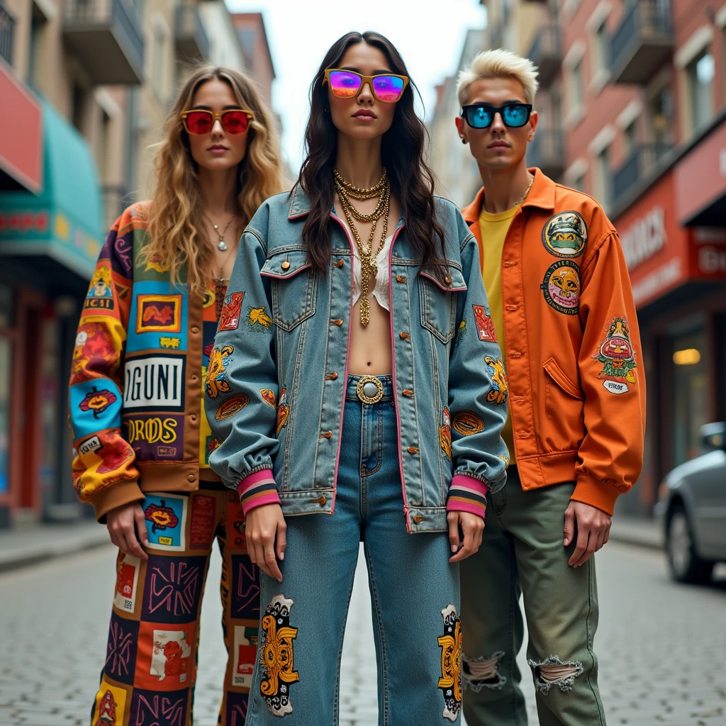 A fashion series that combines vintage urban styles from the 1970s and 1980s with modern-day streetwear elements. The outfits include bell-bottom jeans with retro patches that have been updated with reflective, holographic materials. Jackets are oversized, with bold patterns inspired by vintage wallpaper, but made with breathable, tech-infused fabrics. Accessories include large, gold chains with pendants that display animated designs, and sunglasses with thick, colorful frames that double as digital displays. Sneakers have a vintage design but are equipped with modern cushioning and light-up soles.