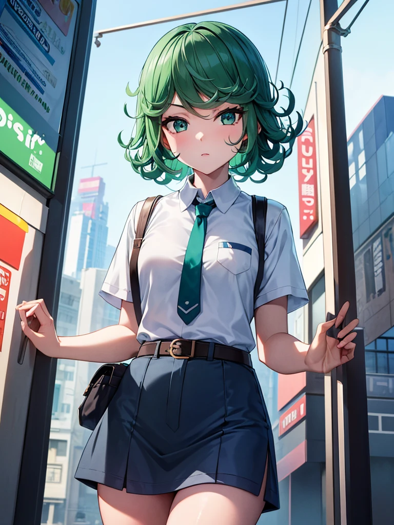 (high res, 8K, masterpiece, looking at viewer, best quality, very aesthetic, ultra detailed, ultra background, ultra Eyes) intricate details, 1girl, Tatsumaki, Chibi, short sleeved white shirt, Light Blue Gray short skirt, Pockets on the left chest, Blue Gray Tie, Wearing a belt, Black Sling bag, green short hair, green eyes, drinking bubble milk tea, normal face, Background City, Store, Cinematic Angle