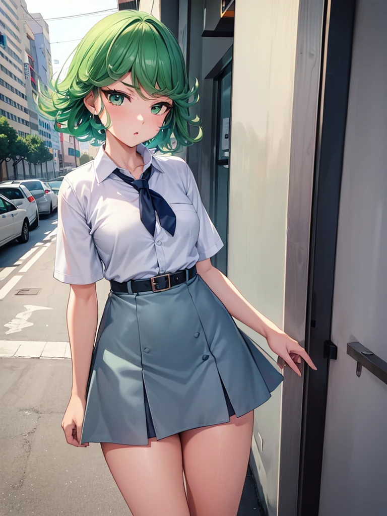 (high res, 8K, masterpiece, looking at viewer, best quality, very aesthetic, ultra detailed, ultra background, ultra Eyes) intricate details, 1girl, Tatsumaki, Chibi, short sleeved white shirt, Light Blue Gray short skirt, Pockets on the left chest, Blue Gray Tie, Wearing a belt, Black Sling bag, green short hair, green eyes, drinking bubble milk tea, normal face, Background City, Store, Cinematic Angle