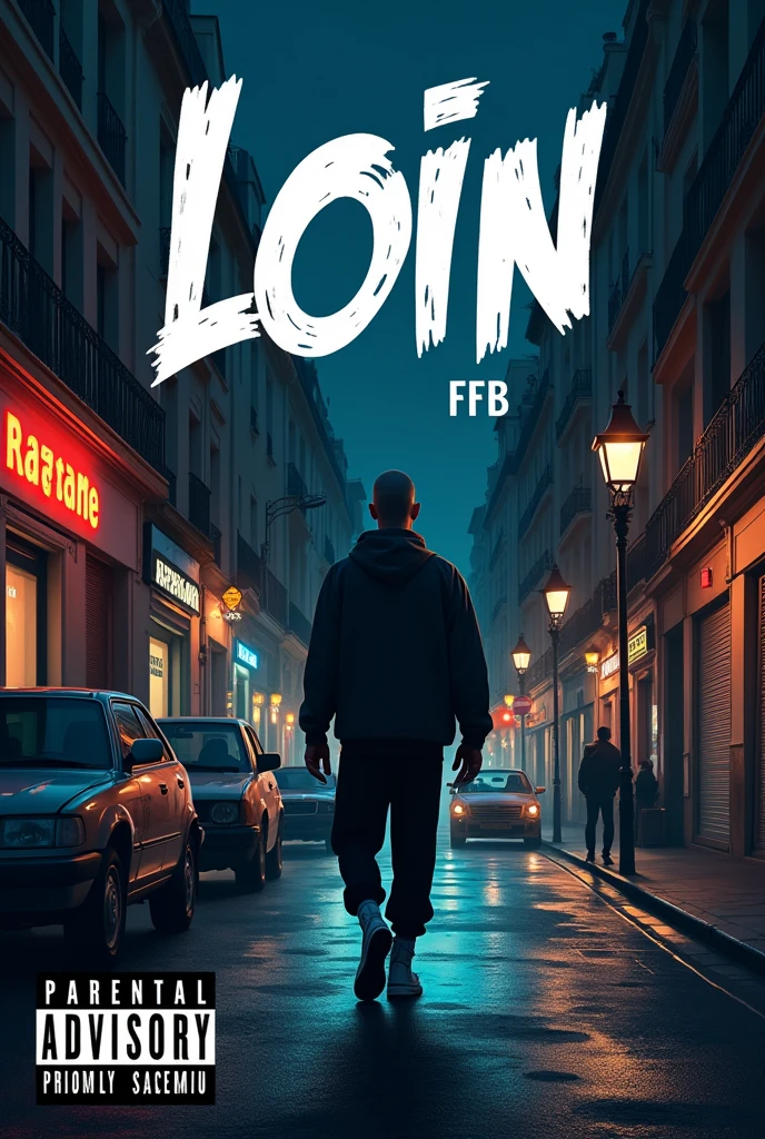 Une pochette d’un album de rap.
Le titre de l’album est Loin, il doit être écrit en style graffiti.
Le nom de l’artiste, FXB, doit être écrit en bas de la pochette.
Il doit y avoir le logo parental advisory.
La pochette doit avoir un style art moderne 
Derrière les inscriptions, on doit voir l’artiste vue de dos entrain de marcher dans les rues parisiennes pendant la nuit.
Il mesur 1m 70, a , a la peau blanche et est habillé avec des habits large, ça doit se passer rue des Pyrénées, dans le 20e arrondissement 
