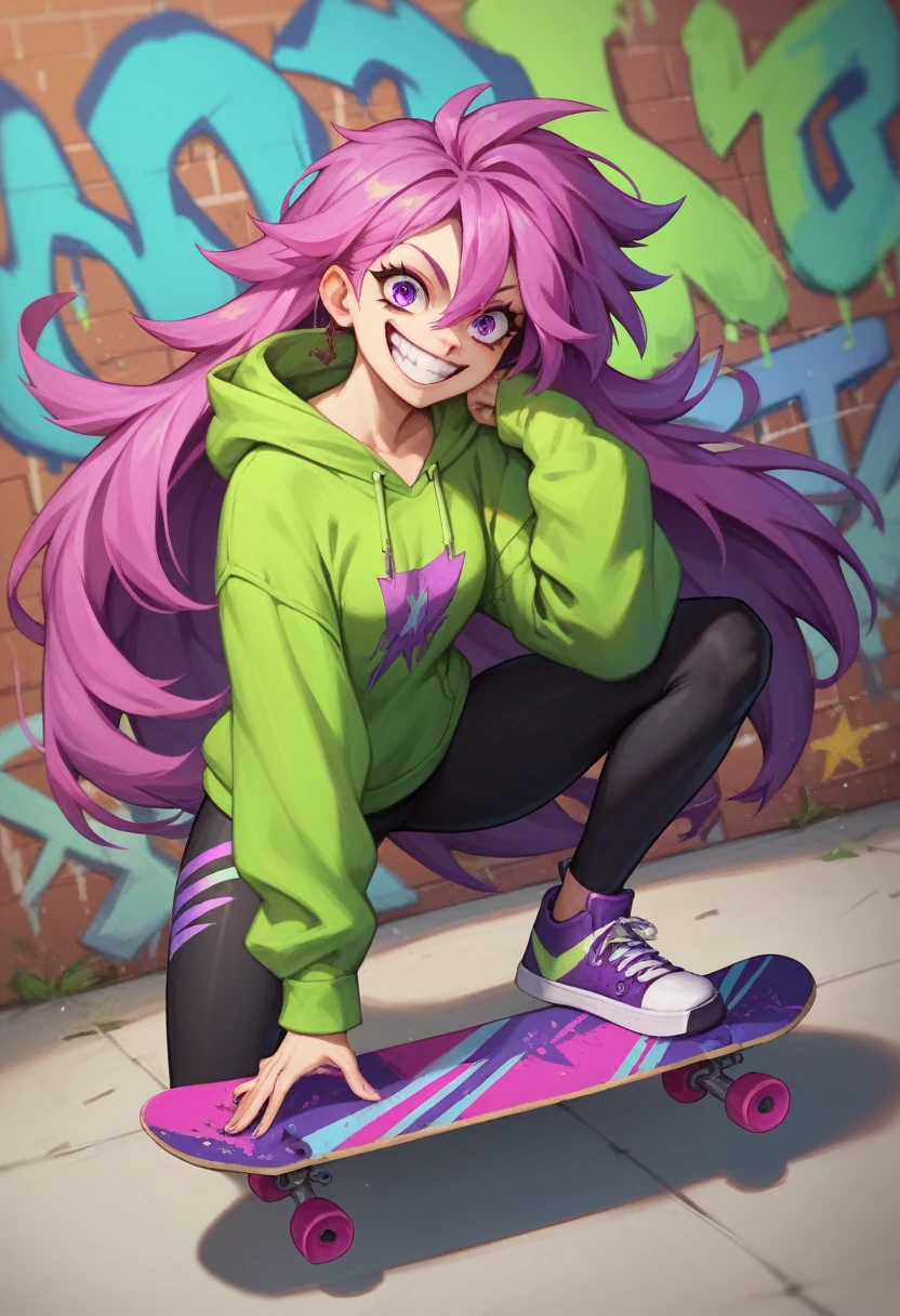 Masterpiece, best quality, 1 girl, her hair color is over 4 colors, tall, very long straight hair, Graffiti, long skateboard, left eye is purple and right eye is green, hoodie, smiling, insane and crazy characteristic, solo, dynamic pose, leggings