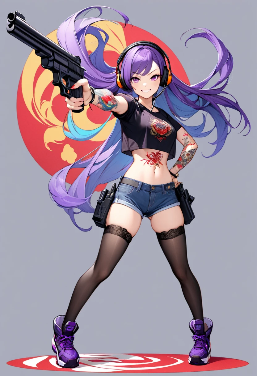 beautiful woman , I have an irezumi tattoo on my arm, Holding a gun,Purple long hair,headset,smiling,full body shot,Garter stockings,Aiming posture,crop tee,Short Hot Pants