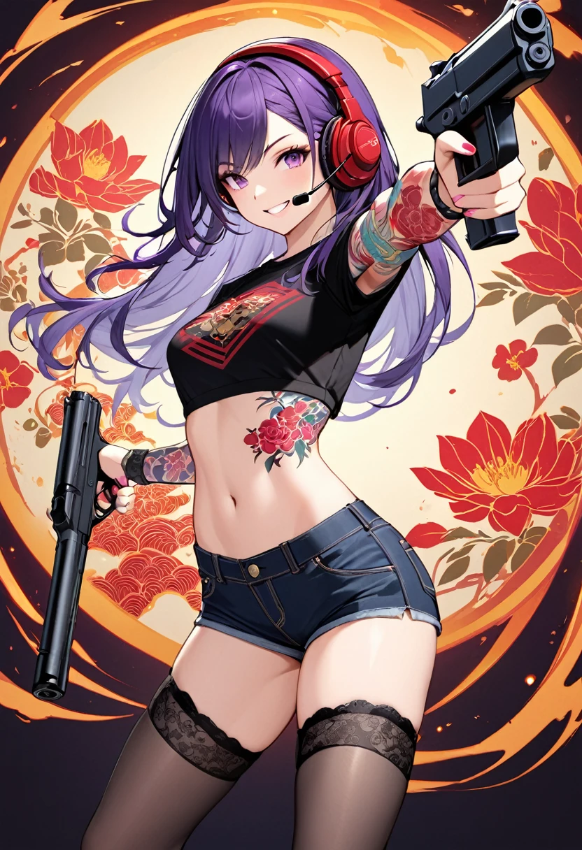 beautiful woman , I have an irezumi tattoo on my arm, Holding a gun,Purple long hair,headset,smiling,full body shot,Garter stockings,Aiming posture,crop tee,Short Hot Pants