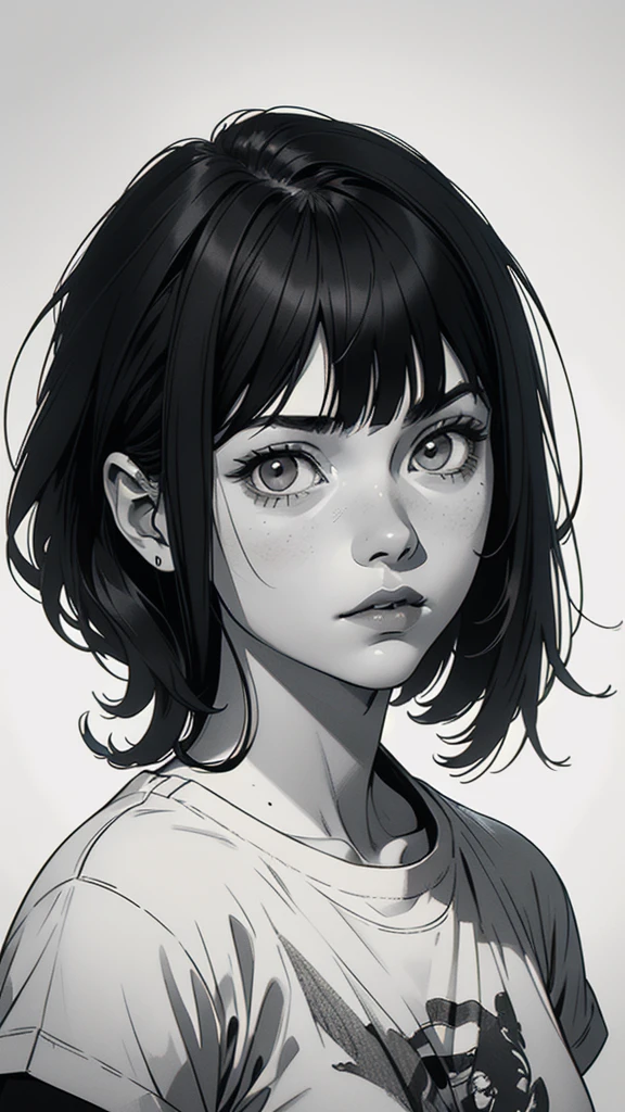 1 boyish girl, solo, sharp eyes, monochrome, greyscale, short black hair, portrait, white T-shirt, closed mouth, looking at viewer, graphite \(medium\), detailed lips, hatching \(texture\), without makeup, bangs, upper body, (best illustration), (best quality), (very detailed), (masterpiece), expressionless,