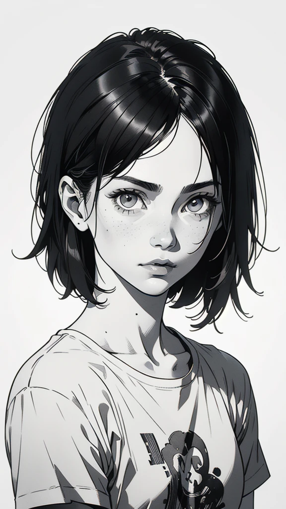 1 boyish girl, solo, sharp eyes, monochrome, greyscale, short black hair, portrait, white T-shirt, closed mouth, looking at viewer, graphite \(medium\), detailed lips, hatching \(texture\), without makeup, bangs, upper body, (best illustration), (best quality), (very detailed), (masterpiece), expressionless,