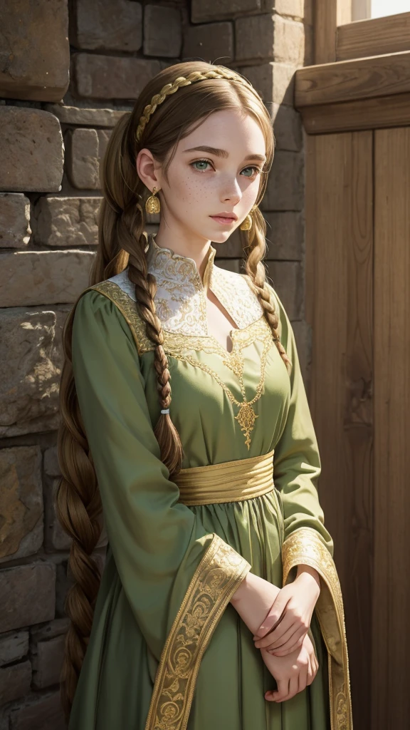 A young woman, full-length. Elongated, oval-shaped face, thin cheeks. Small, neat mouth. Soft green eyes. Very thin eyebrows. Golden freckles on her face. Pale skin. Long light brown hair braided on top of her head, a headband of pigtails. Gold earrings in her ears. Dressed in a long, green dress, similar to a medieval dress, the sleeves of the dress are tapered, closer to the arms are free, the neckline is small, a lot of details on the paltier, gold embroidery.