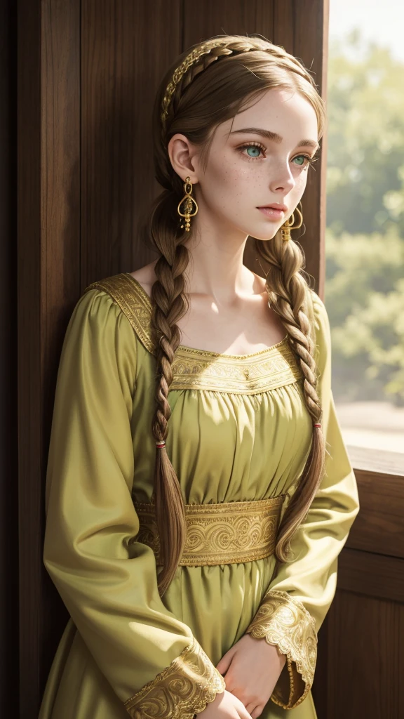 A young woman, full-length. Elongated, oval-shaped face, thin cheeks. Small, neat mouth. Soft green eyes. Very thin eyebrows. Golden freckles on her face. Pale skin. Long light brown hair braided on top of her head, a headband of pigtails. Gold earrings in her ears. Dressed in a long, green dress, similar to a medieval dress, the sleeves of the dress are tapered, closer to the arms are free, the neckline is small, a lot of details on the paltier, gold embroidery.