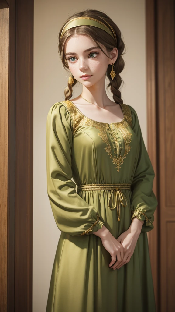 A young woman, full-length. Elongated, oval-shaped face, thin cheeks. Small, neat mouth. Soft green eyes. Very thin eyebrows. Golden freckles on her face. Pale skin. Long light brown hair braided on top of her head, a headband of pigtails. Gold earrings in her ears. Dressed in a long, green dress, similar to a medieval dress, the sleeves of the dress are tapered, closer to the arms are free, the neckline is small, a lot of details on the paltier, gold embroidery.