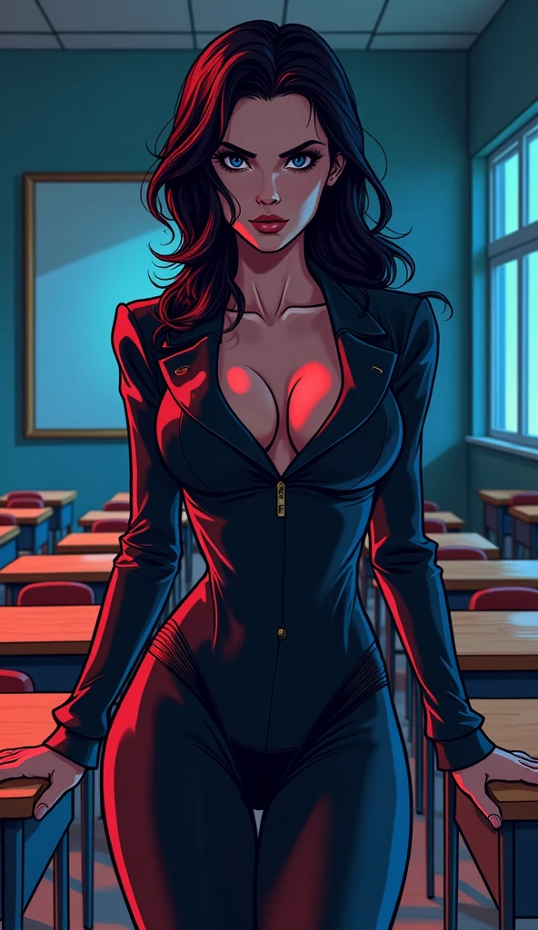 Naughty Female Teacher, classroom, 夜のclassroom, Cel Shading, Bold outline, Flat Color, Sharp Shadow, Graphic Style, (Manga influence:1.3), Beautiful line drawing, Impressive visuals,comics