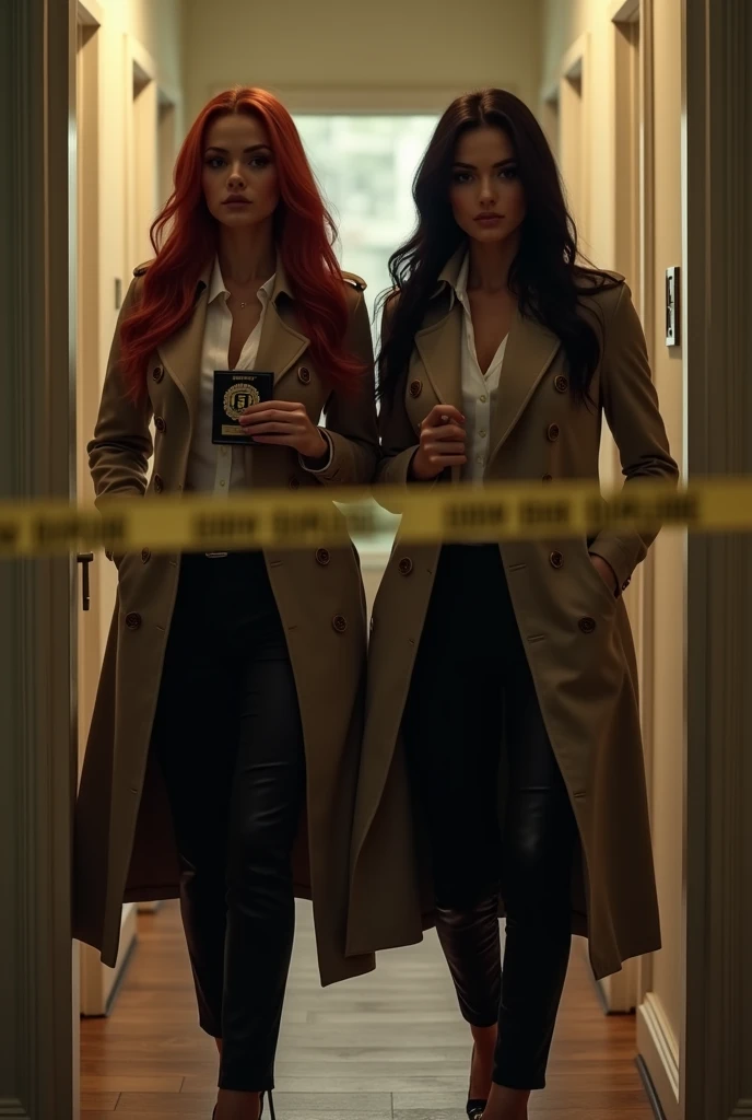 ultra realistic, photography, two women: one with long straight red hair, (30 years old, hourglass figure, perfect body), the other one: long black straight hair, (30 years old, hourglass figure, perfect fit body), Long eye lashes, seductive eyes, Award Winning Glamour Photograph extremely detailed award winning glamour photograph, front lit, HDR, they are dressed like a FBI Agents, under their trenchcoats their shirt is buttoned up, they have a badge on their trenchcoats, they are wearing elegant pants and high heels, they are at a homicide scene in an apartment, they are investigating the area, one of them is holding up her FBI Special Agent Identification badge