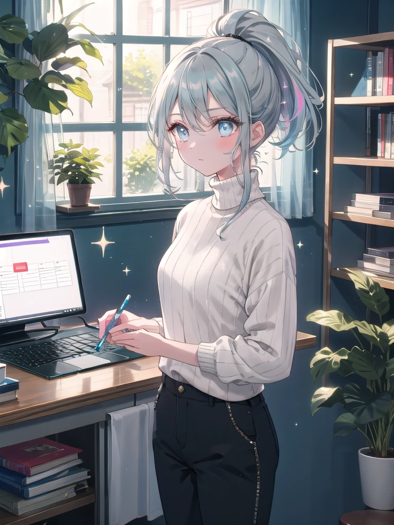 ((8k, Highest quality, masterpiece: 1.3)),Ultra-high resolution,(1 girl, alone), (Color changing eyes, Ultra-detailed, Expressive brilliance, Glitter, Glowing Eyes), Highly detailed eyes, Highly detailed face, Random Hair, ((pastel colour)) At her home office desk, the woman is standing at a standing desk, adjusting her computer screen. Her desk is organized with a mouse, a water bottle, a planner, and a small, chic desk lamp. The background includes a light blue wall with floating shelves filled with books, plants, and decorative objects. A window with half-open blinds reveals a quiet suburban street under a bright, clear sky. She’s dressed casually in a simple black turtleneck, slim grey trousers, and comfortable flats. Her hair is in a high ponytail, and she’s looking at the camera with a focused, slightly stern expression as she concentrates on her tasks.