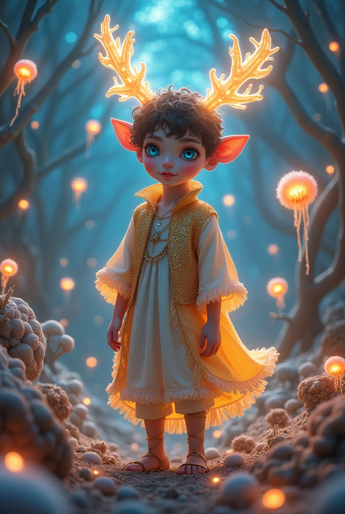 yellow boy,Almond eyes, blue, Natural Hair. He is clothed in gold and silver,blue eyes, Deer ears are translucent and glowing spore Milky Way Fancher Filled with rainbow-colored translucent slime san francisco Extraterrestrial life forms amoeba