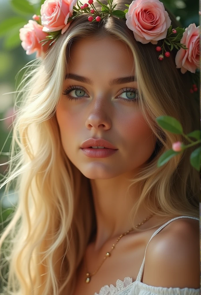 beautiful detailed eyes, beautiful detailed lips, extremely detailed eyes and face, longeyelashes, 1girl, sexy attractive outfit, beautiful blonde hair, flower crown, pink rose, garden, enchanting, soft lighting, warm color palette, detailed texture, (best quality,4k,8k,highres,masterpiece:1.2),ultra-detailed,(realistic,photorealistic,photo-realistic:1.37),portrait,romantic