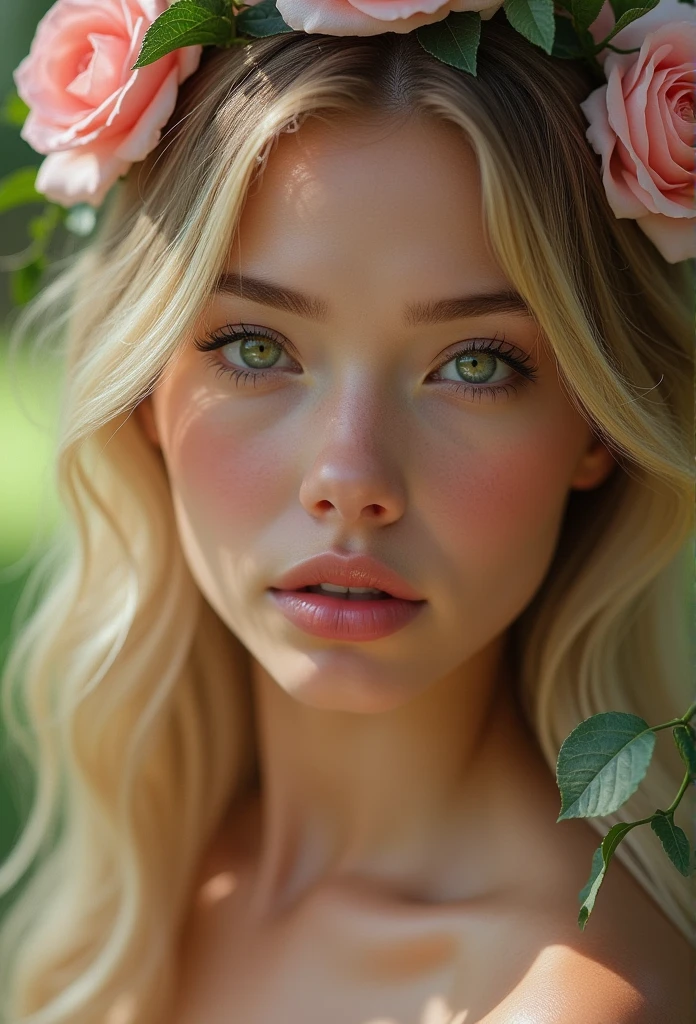beautiful detailed eyes, beautiful detailed lips, extremely detailed eyes and face, longeyelashes, 1girl, sexy attractive outfit, beautiful blonde hair, flower crown, pink rose, garden, enchanting, soft lighting, warm color palette, detailed texture, (best quality,4k,8k,highres,masterpiece:1.2),ultra-detailed,(realistic,photorealistic,photo-realistic:1.37),portrait,romantic