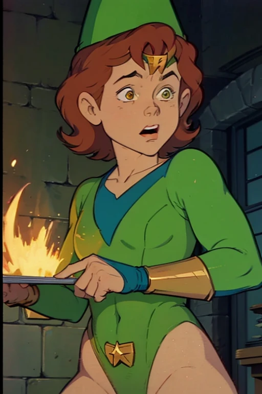 a redhead cartoon character, wonder woman outfit, green leotard, very muscular,  male wizard, 1980s cartoon, animated episode still, Presto (((mad))), ((Wears a wizard hat))