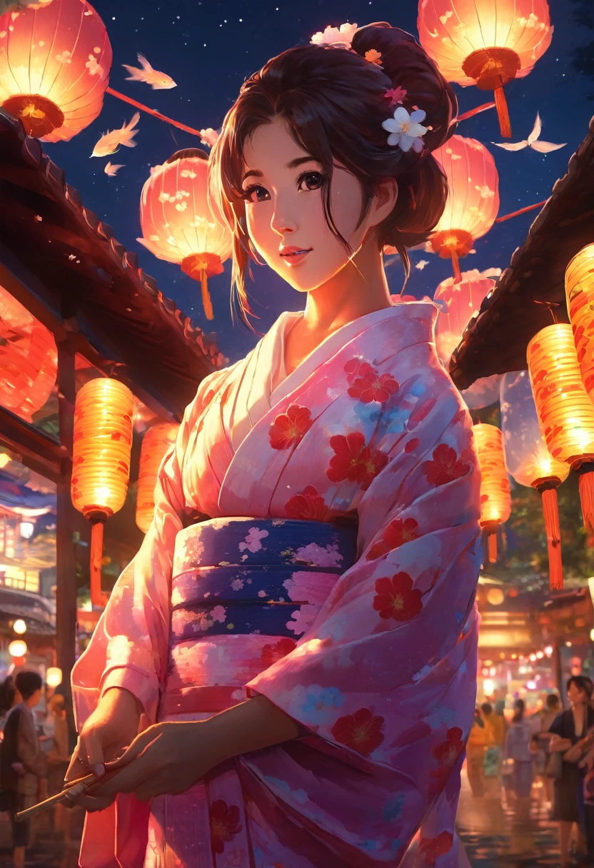 A 20-year-old woman wearing a traditional Japanese yukata, standing in the middle of a lively summer festival at night. The scene is illuminated by the warm glow of lanterns hanging overhead. The woman has long, dark hair styled neatly, and she’s holding a delicate paper fan. In the background, you can see colorful festival stalls, including a goldfish scooping game and a cotton candy stand. The sky is dark, with a few stars visible, creating a nostalgic and serene atmosphere.