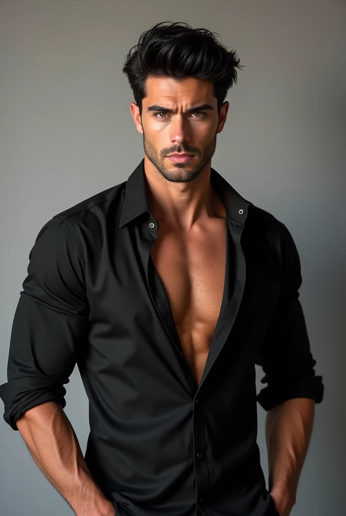 Toned body man, 28,  black shirt, folded sleeves at elbows, unbuttoned top, black locks of hair,  American handsome man, bad boy hair cut, 