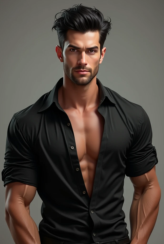 Toned body man, 28, black shirt, folded sleeves at elbows, unbuttoned top, black locks of hair, American handsome man, bad boy hair cut,