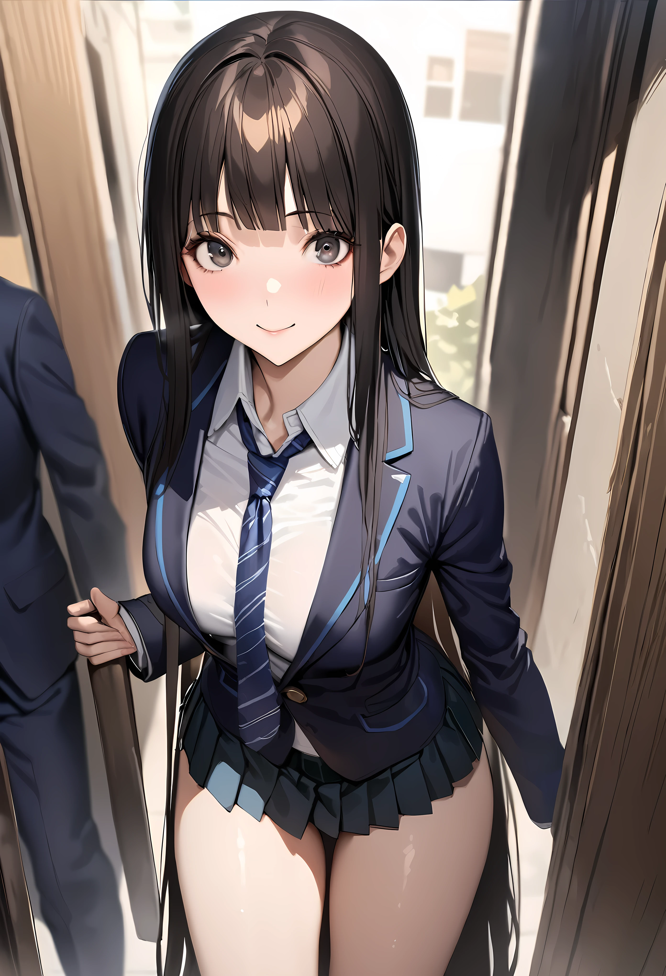 ((masterpiece,best quality anime,Highest quality:1.3)),realistic,cowboy shot,1woman,(30 year old beauty),((very small head:1.4)),((very long body:1.4)),straight long hair,black hair,(gorgeous big eyes),black eyes,smile,((slender body:1.4,skinny:1.3)),medium breasts,(School uniform、Dark blue blazer jacket、Navy blue tie、White shirt,pleated navy mini skirt),gleaming skin,shiny skin,walk,on street、Shinjuku、Tokyo、