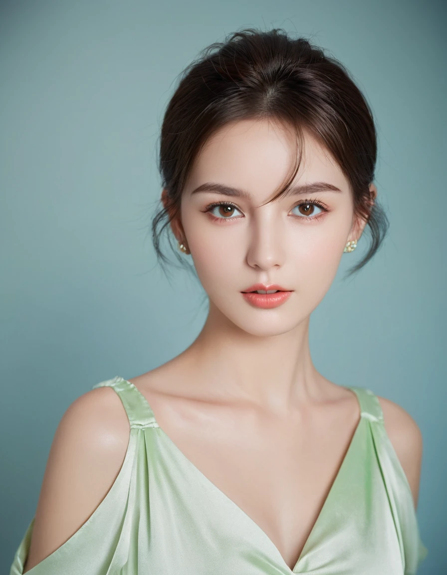 fashion model 20 years old, brown eyes, perfect iris,perfect lips,perfect teeth,Perfect skin,long face,Soft headlight,high dynamic range,movie girl,short brown hair,smooth skin and a large chest, but her appearance should remain tasteful,Ethnic costumes, satin backgroun, pastel colors:1.2)