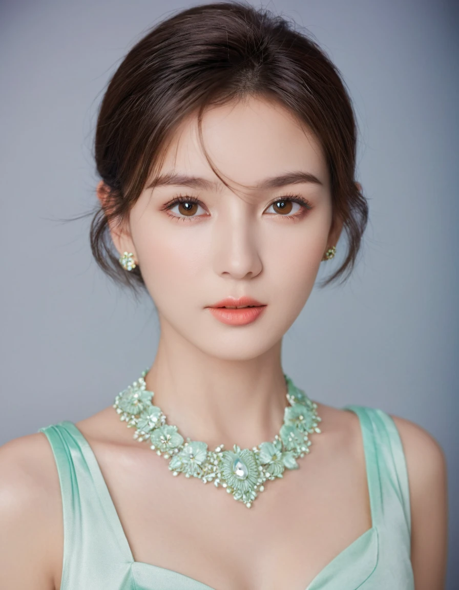 fashion model 20 years old, brown eyes, perfect iris,perfect lips,perfect teeth,Perfect skin,long face,Soft headlight,high dynamic range,movie girl,short brown hair,smooth skin and a large chest, but her appearance should remain tasteful,Ethnic costumes, satin backgroun, pastel colors:1.2)